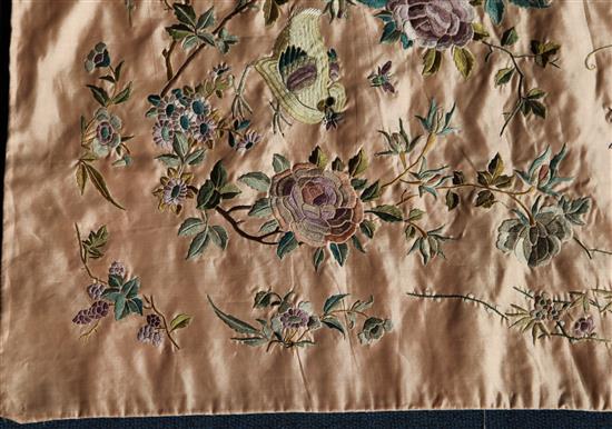 A Chinese embroidered pale pink silk panel, 150 x 160cm, unframed